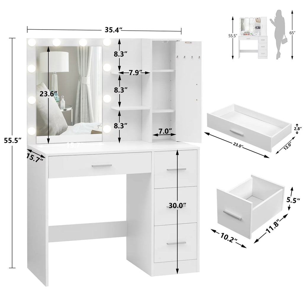 White Makeup Vanity with Lighted Mirror and 4 Drawers T12560