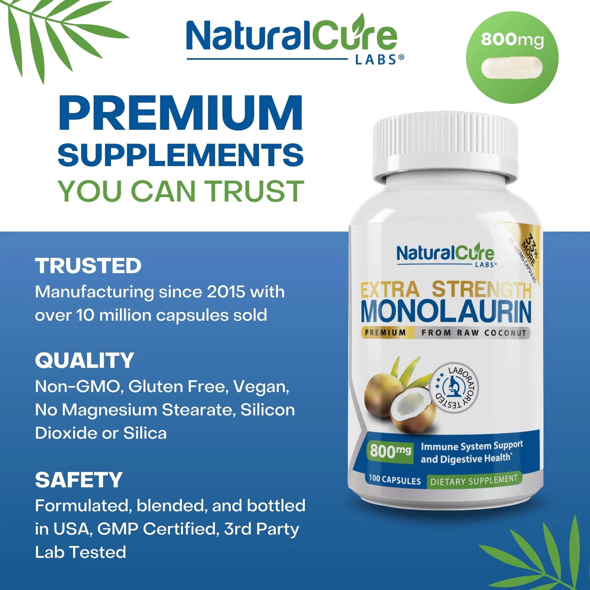 800mg Monolaurin Capsules 100 Count Vegan Non-GMO Gluten Free Supplement O49324