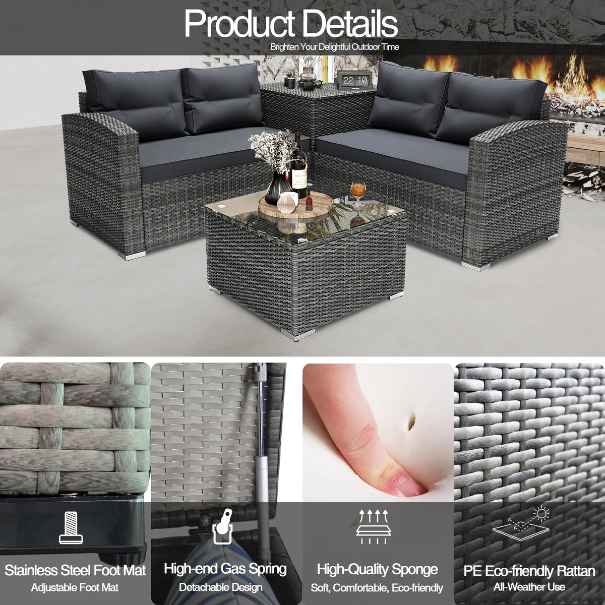 4 Pieces PE Rattan Sectional Sofa Set with Glass Table H63266