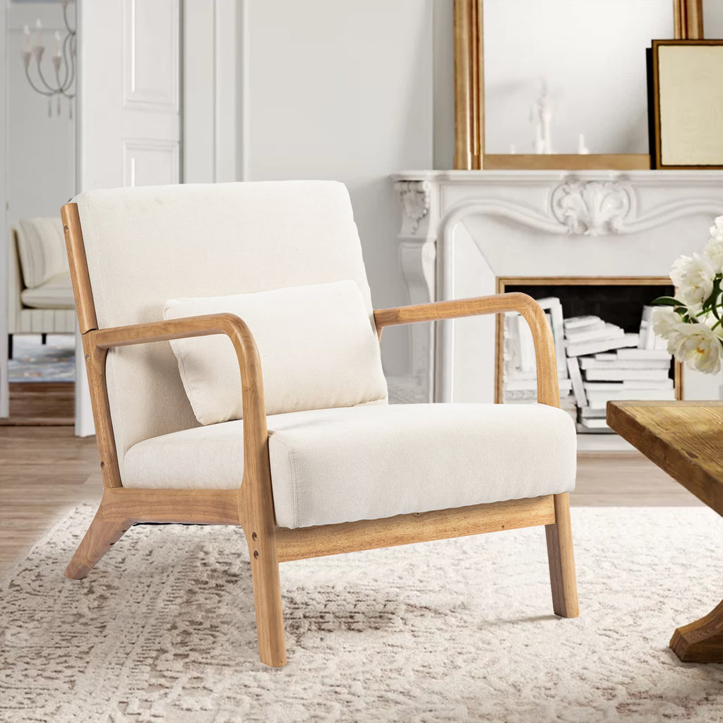 Beige Linen Upholstered Accent Armchair with Solid Wood Frame and Pillow O34885