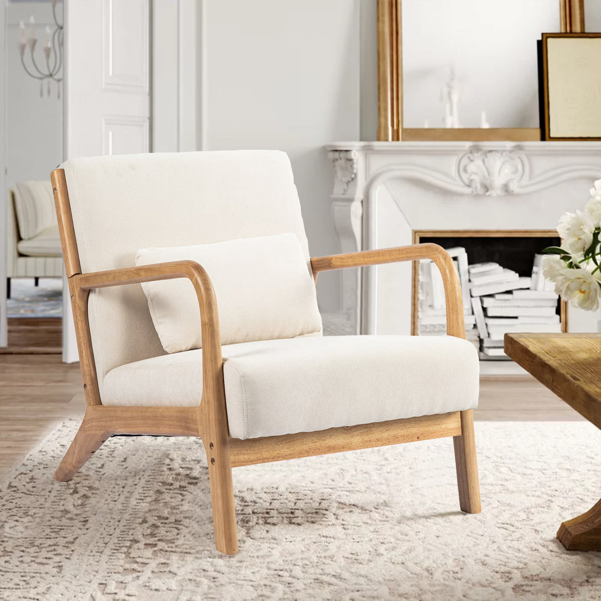 Beige Linen Upholstered Accent Armchair with Solid Wood Frame and Pillow O34885