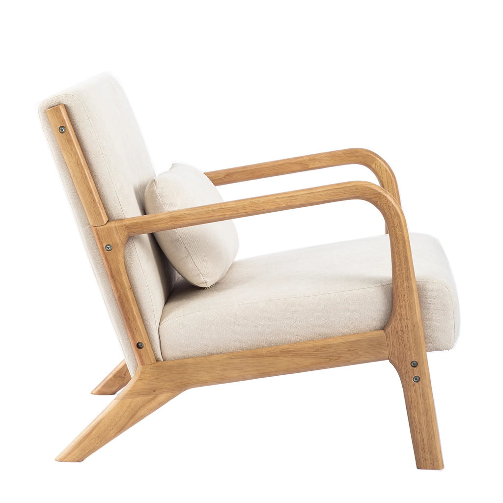 Beige Linen Upholstered Accent Armchair with Solid Wood Frame and Pillow O34885