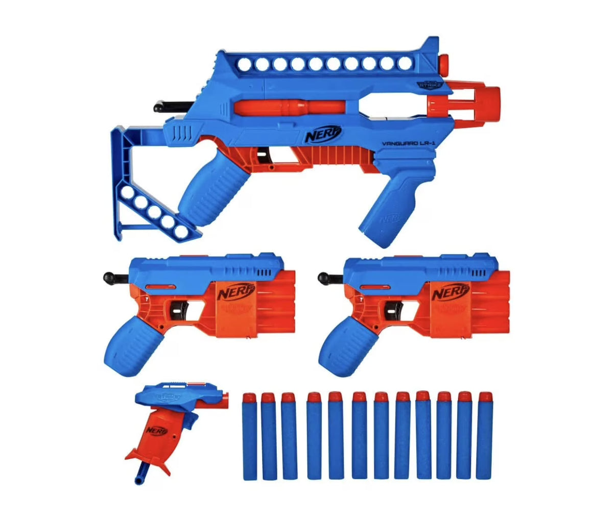 Blue & Red NERF Blast Kit 4 Guns 12 Elite Bullets U7403