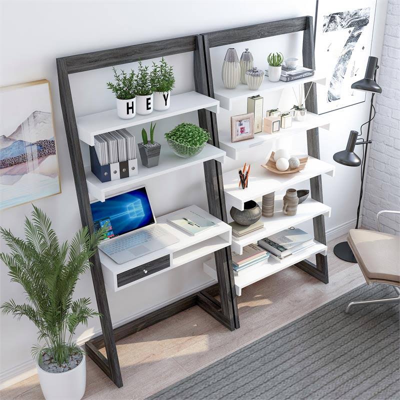 Gray and White Wood Desk and Bookcase Set H514