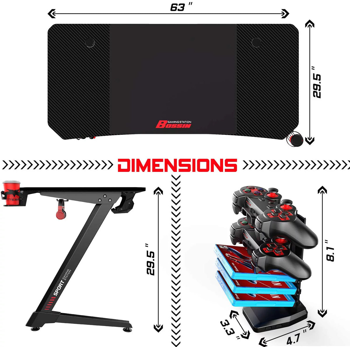 63 Inch Ergonomic Gaming Desk with Mouse Pad and Cup Holder T756216