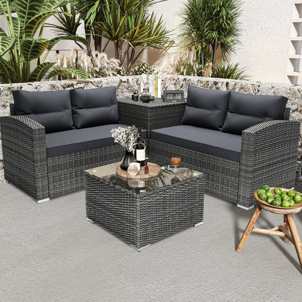 4 Pieces PE Rattan Sectional Sofa Set with Glass Table H63266