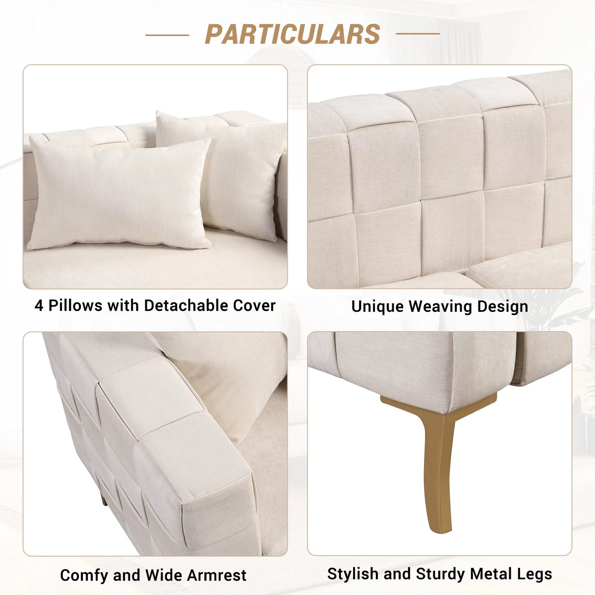 Beige Chenille 3-Seat Sofa with 4 Pillows S68977