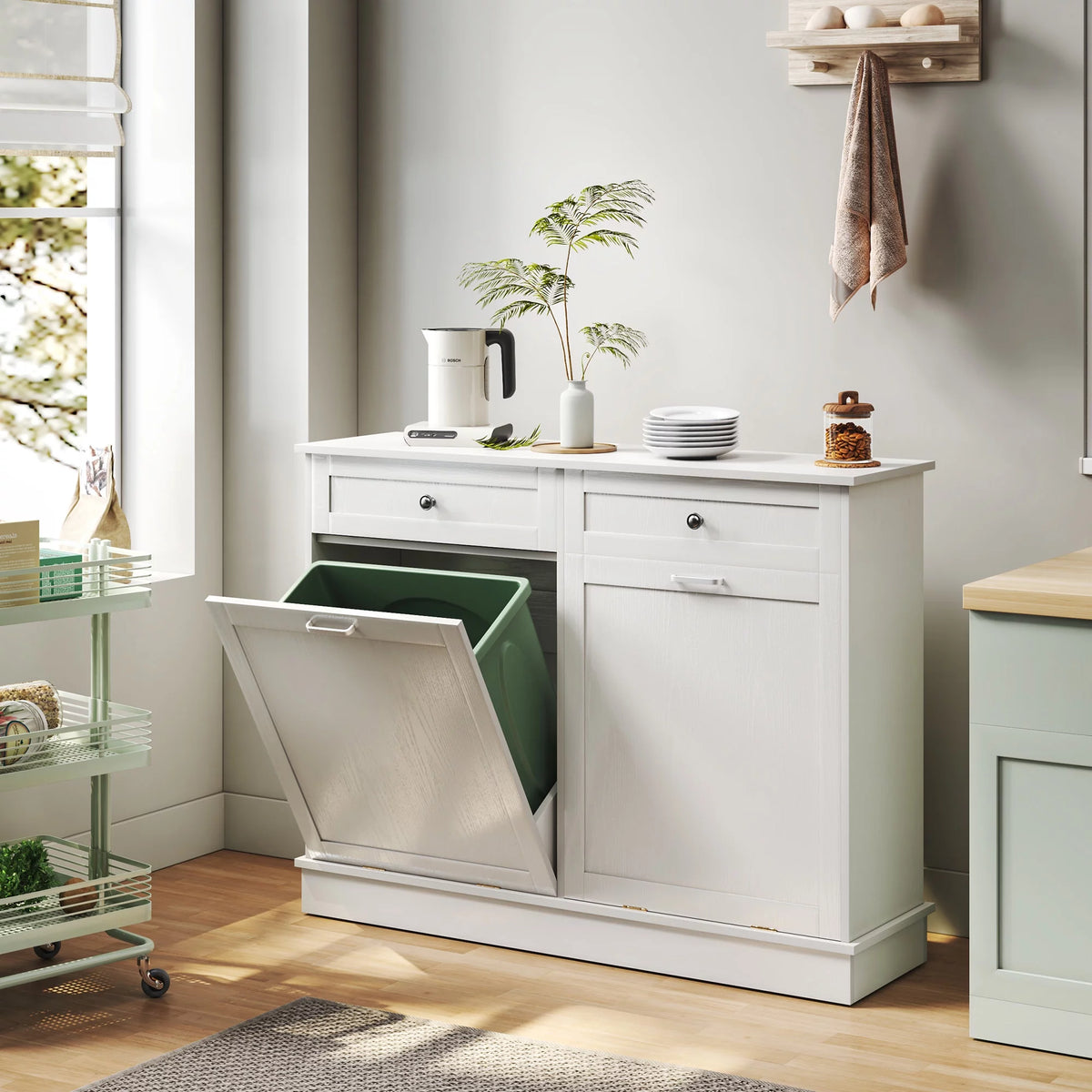 White Free Standing Tilt Out Trash Cabinet with Drawer B373