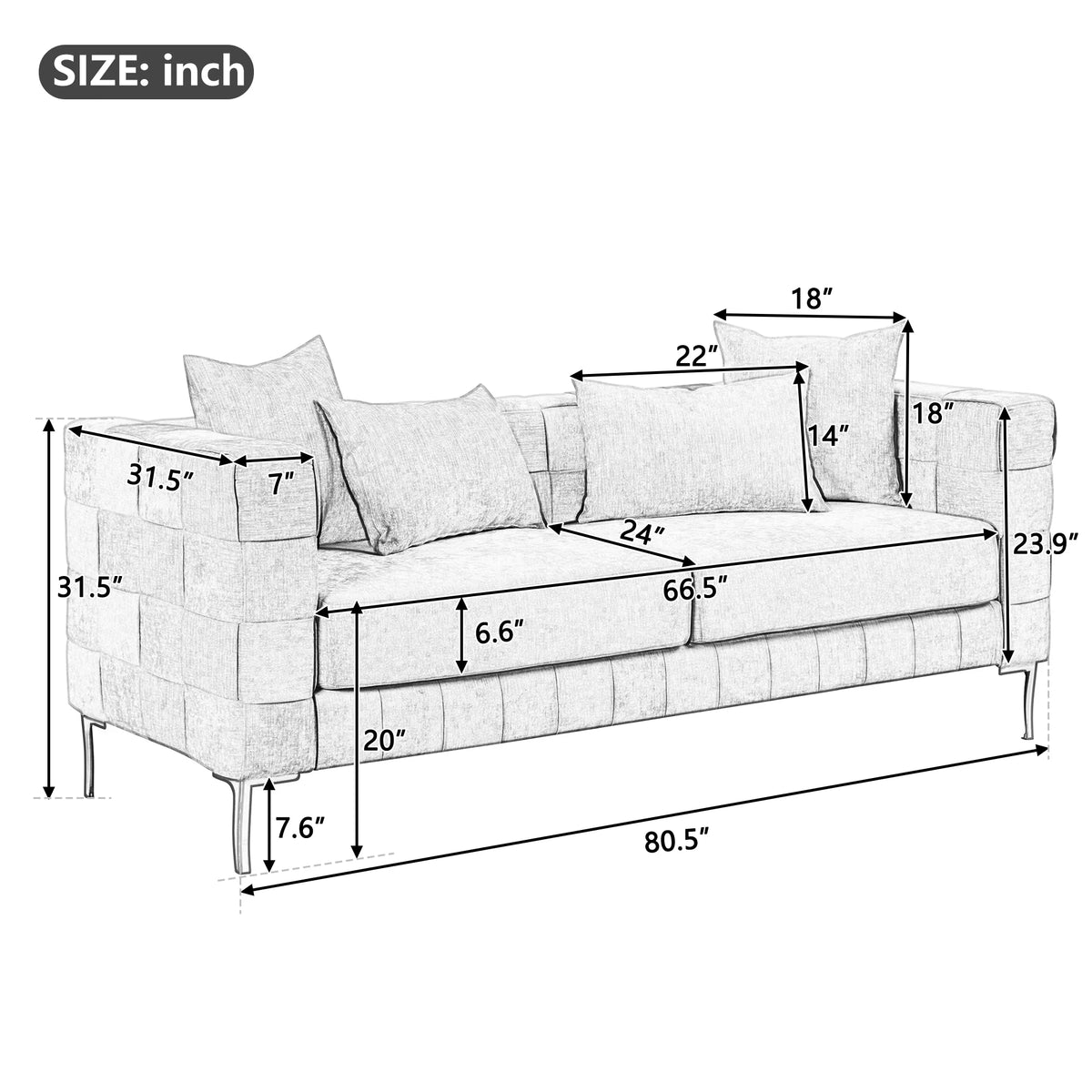 Beige Chenille 3-Seat Sofa with 4 Pillows S68977