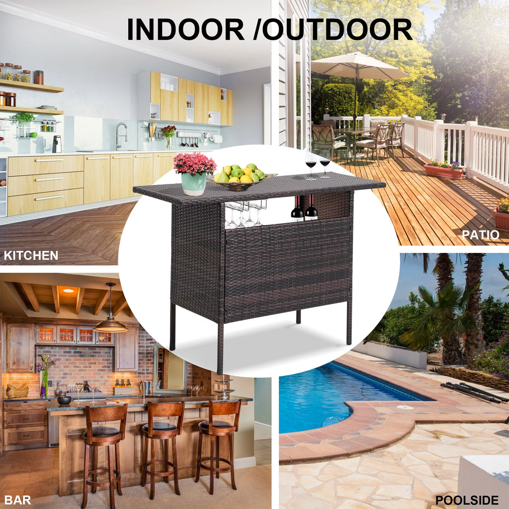 Outdoor Patio Wicker Bar with 2 Storage Shelves Q4076