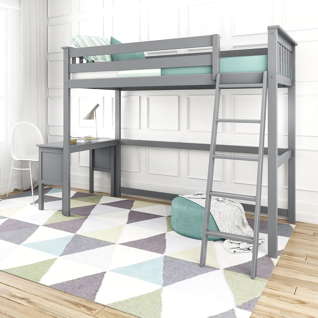 Twin High Loft Bed with Bookcase and Desk, White K465