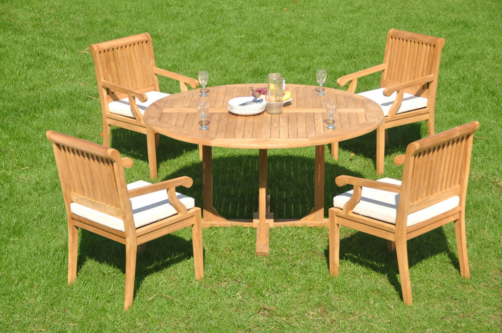 5 Pc Teak Dining Set with Round Table and 4 Arm Chairs I325