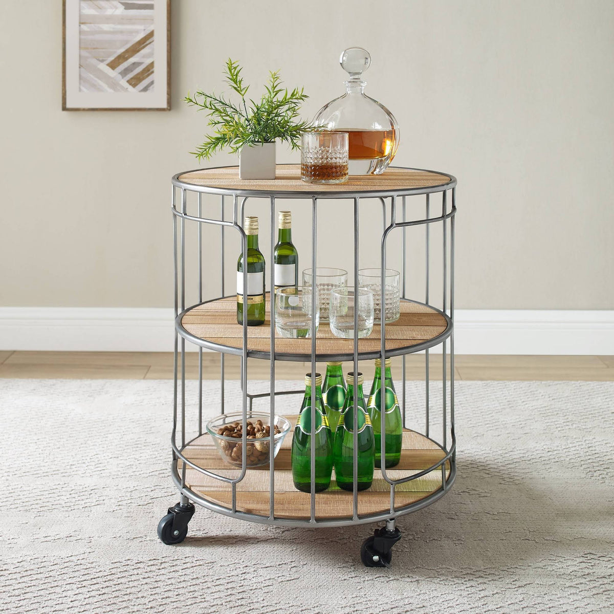 Three Tiered Metal and Wood Rolling Cart Q3694