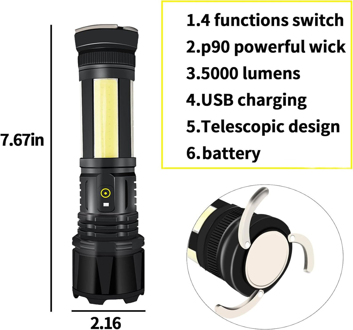 Rechargeable LED Flashlight 90000 Lumen Waterproof Magnetic 5 Modes Zoomable W80163