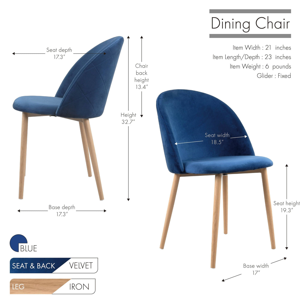 Blue Velvet and Metal Dining Chairs Set of 2 R238