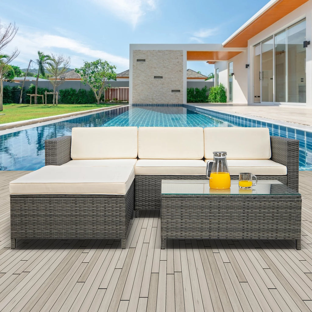 5 Piece Grey PE Rattan Wicker Patio Conversation Set with Glass Coffee Table and Ottomans C13274