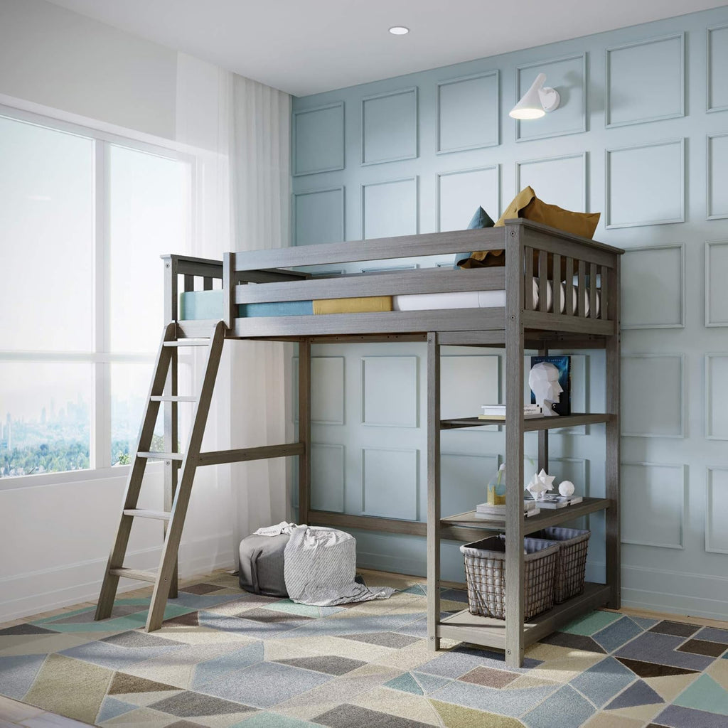 Twin High Loft Bed with Bookcase and Desk, White K465