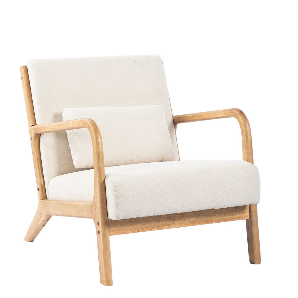 Beige Linen Upholstered Accent Armchair with Solid Wood Frame and Pillow O34885