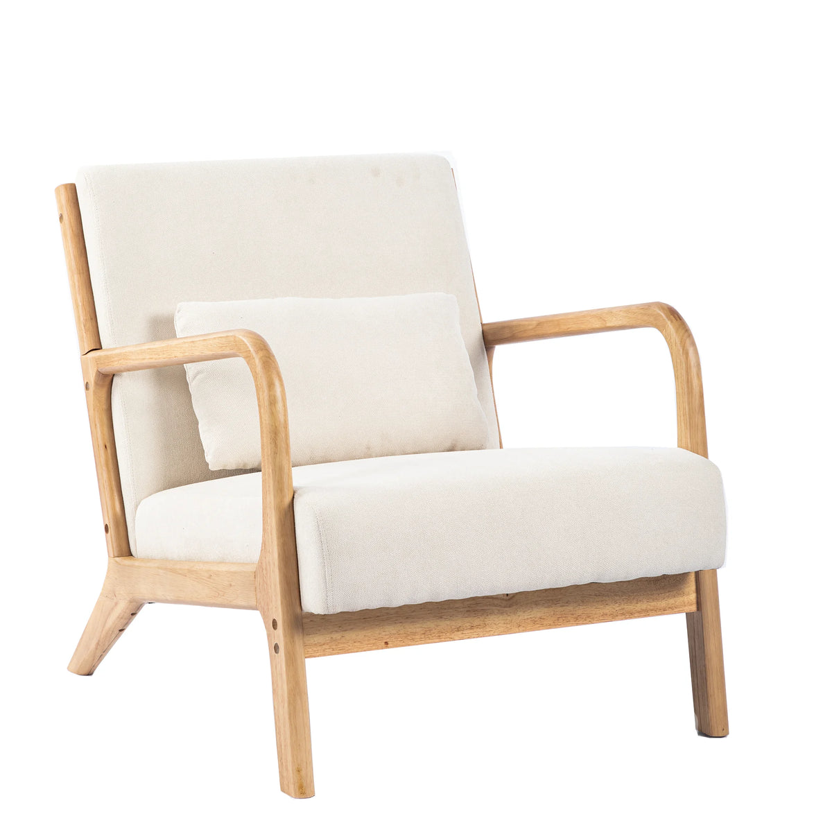 Beige Linen Upholstered Accent Armchair with Solid Wood Frame and Pillow O34885