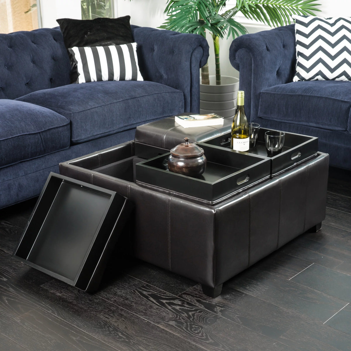 Brown Bonded Leather 4-Tray Storage Ottoman C159