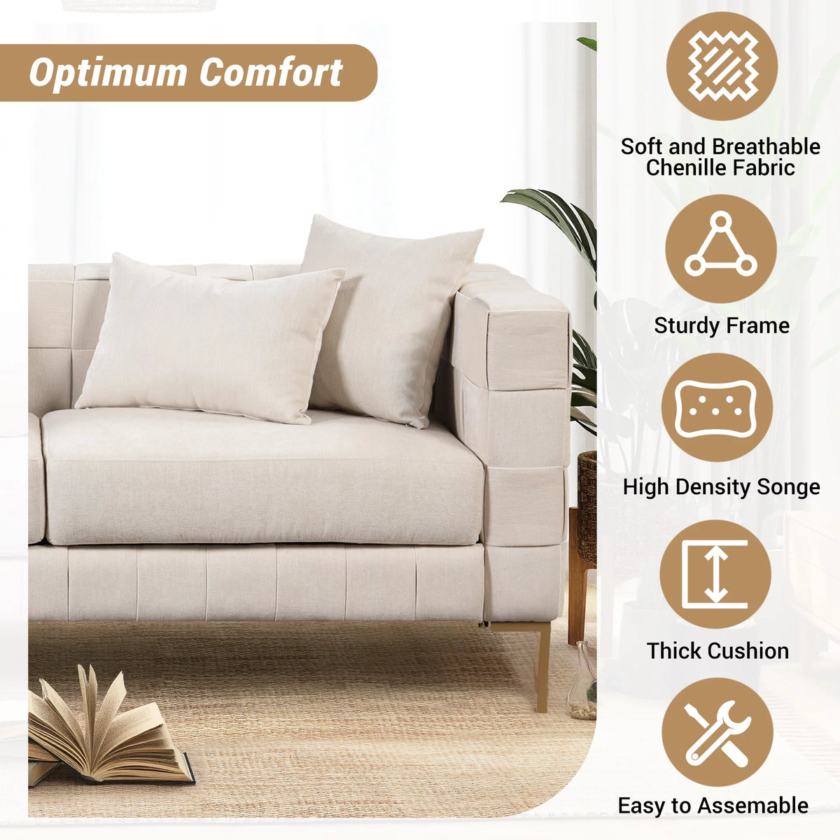 Beige Chenille 3-Seat Sofa with 4 Pillows S68977