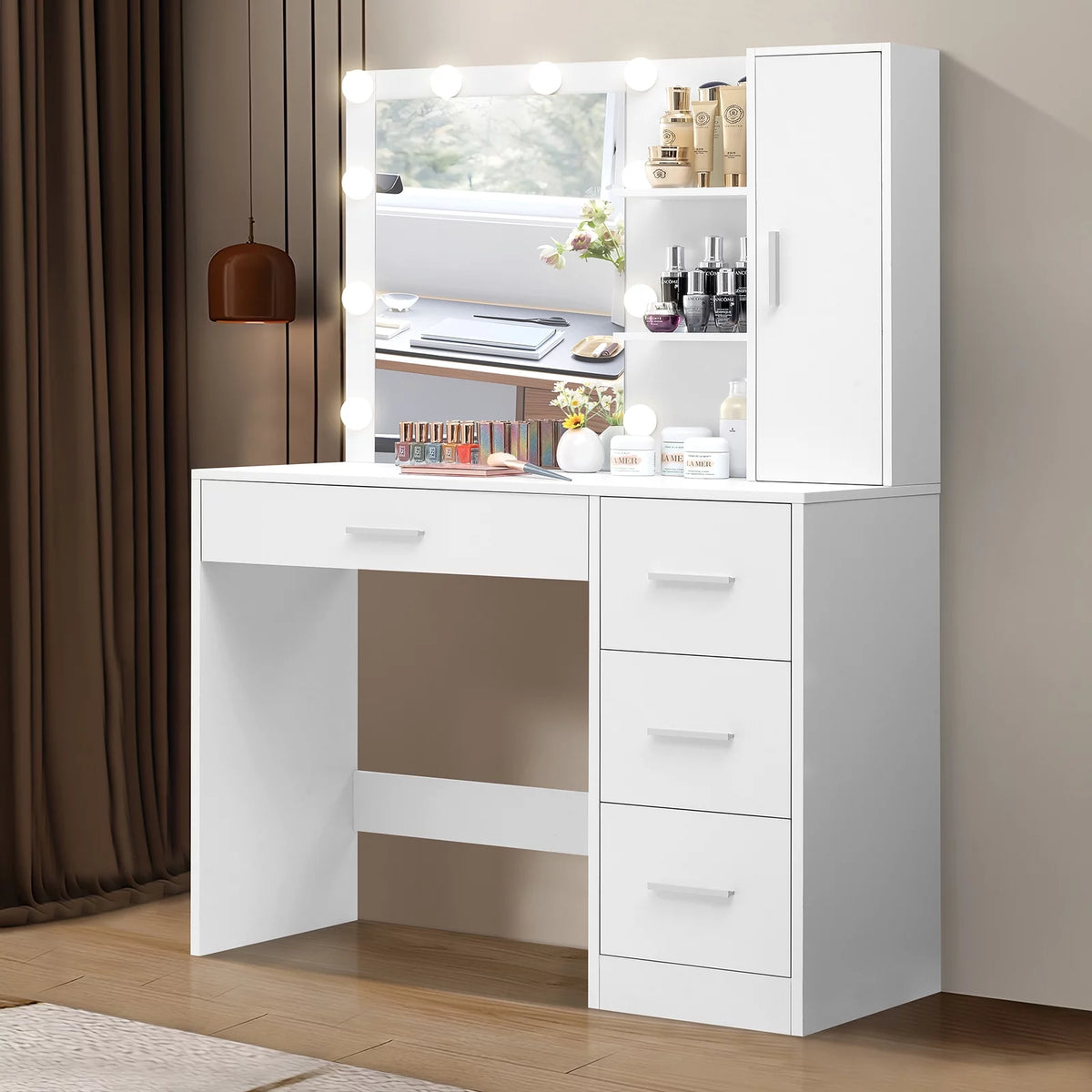 White Makeup Vanity with Lighted Mirror and 4 Drawers T12560