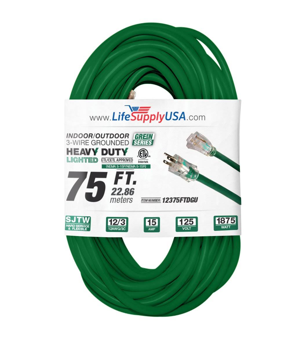 75 ft Extension Cord 12/3 Lighted End Green Indoor/Outdoor T716