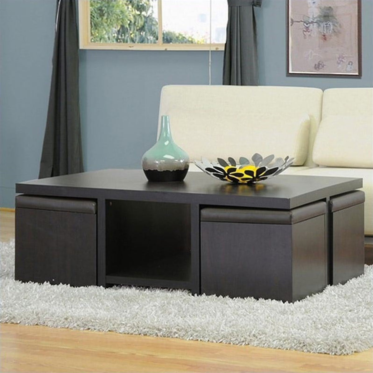 Dark Brown Table and Stool Set with Hidden Storage C32607