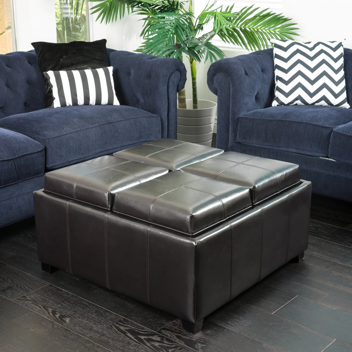 Brown Bonded Leather 4-Tray Storage Ottoman C159
