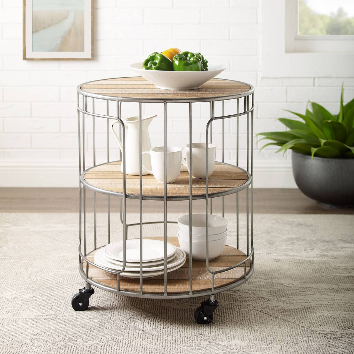 Three Tiered Metal and Wood Rolling Cart Q3694