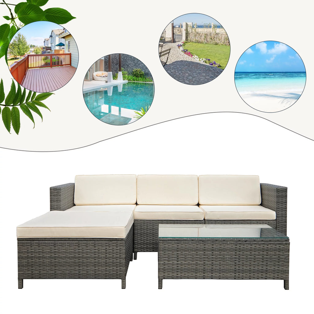 5 Piece Grey PE Rattan Wicker Patio Conversation Set with Glass Coffee Table and Ottomans C13274