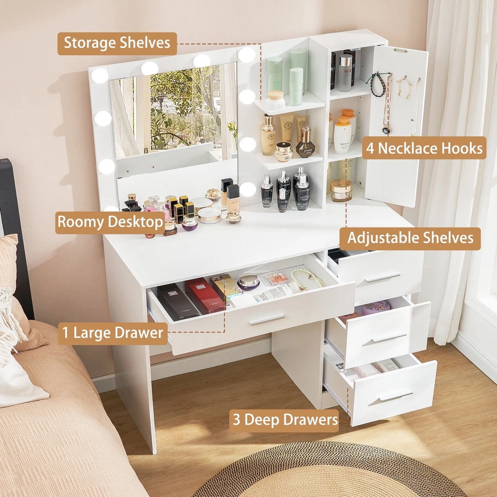 White Makeup Vanity with Lighted Mirror and 4 Drawers T12560