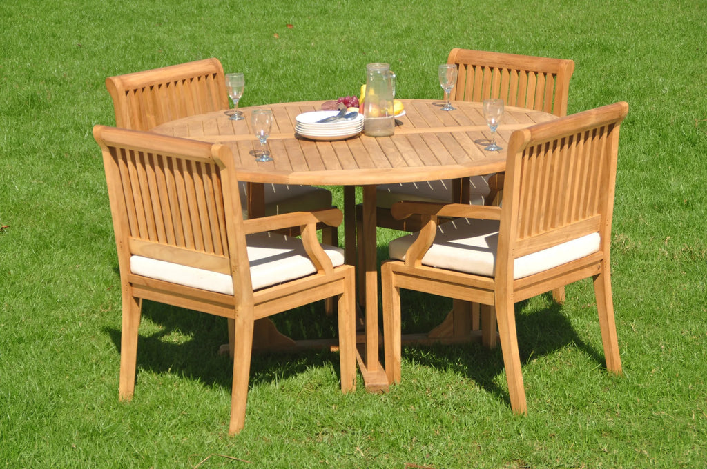 5 Pc Teak Dining Set with Round Table and 4 Arm Chairs I325
