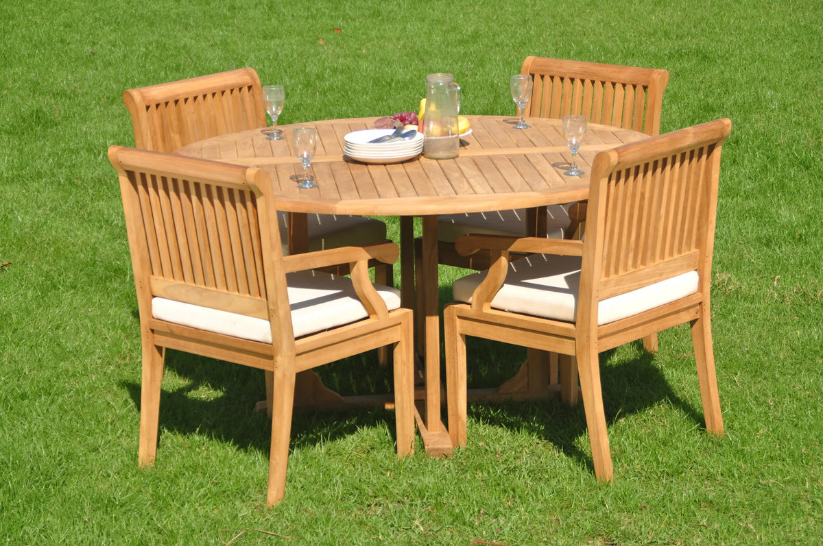 5 Pc Teak Dining Set with Round Table and 4 Arm Chairs I325