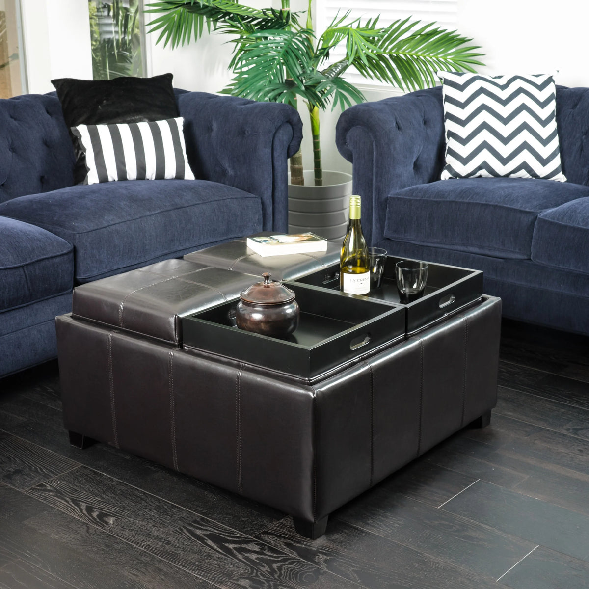 Brown Bonded Leather 4-Tray Storage Ottoman C159