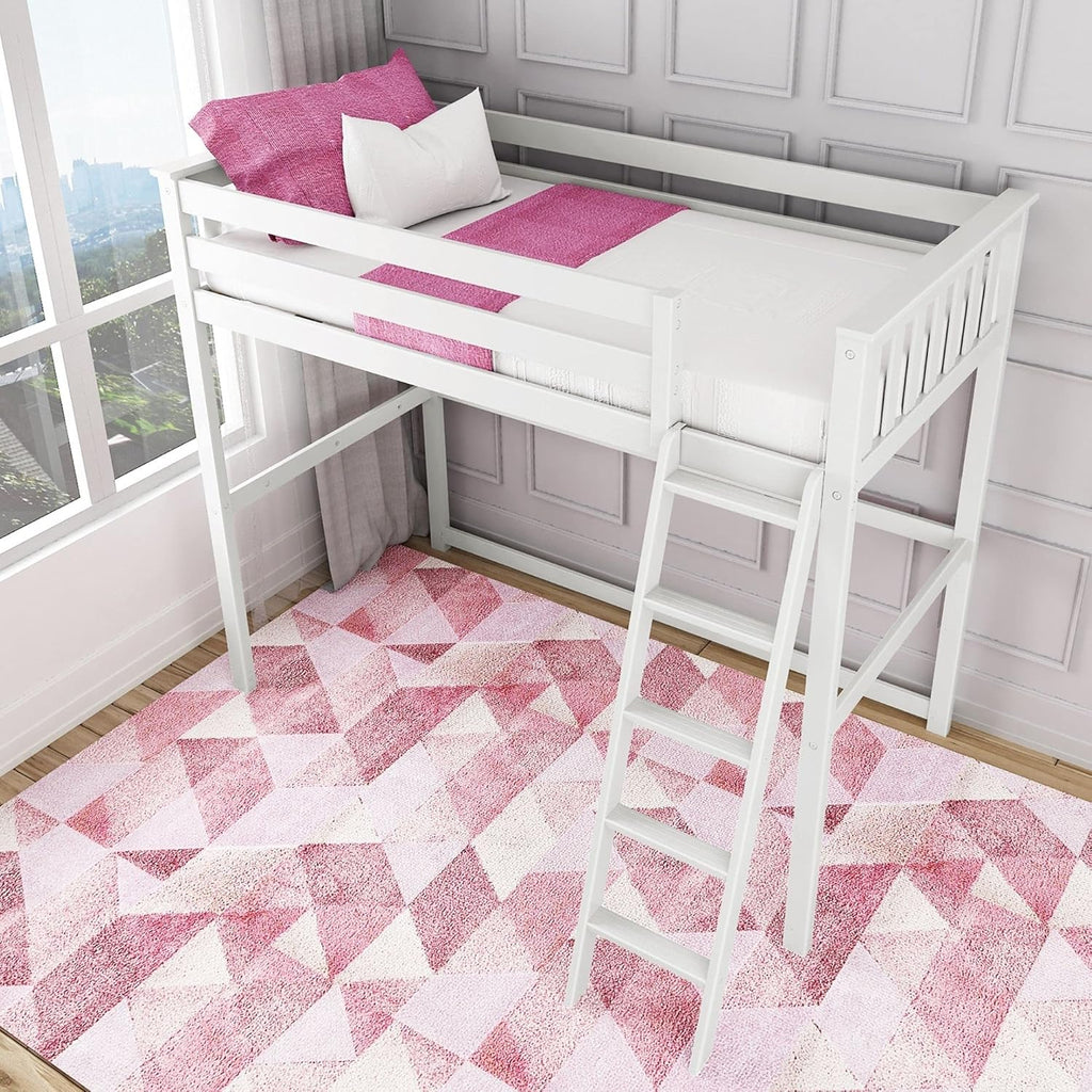 Twin High Loft Bed with Bookcase and Desk, White K465