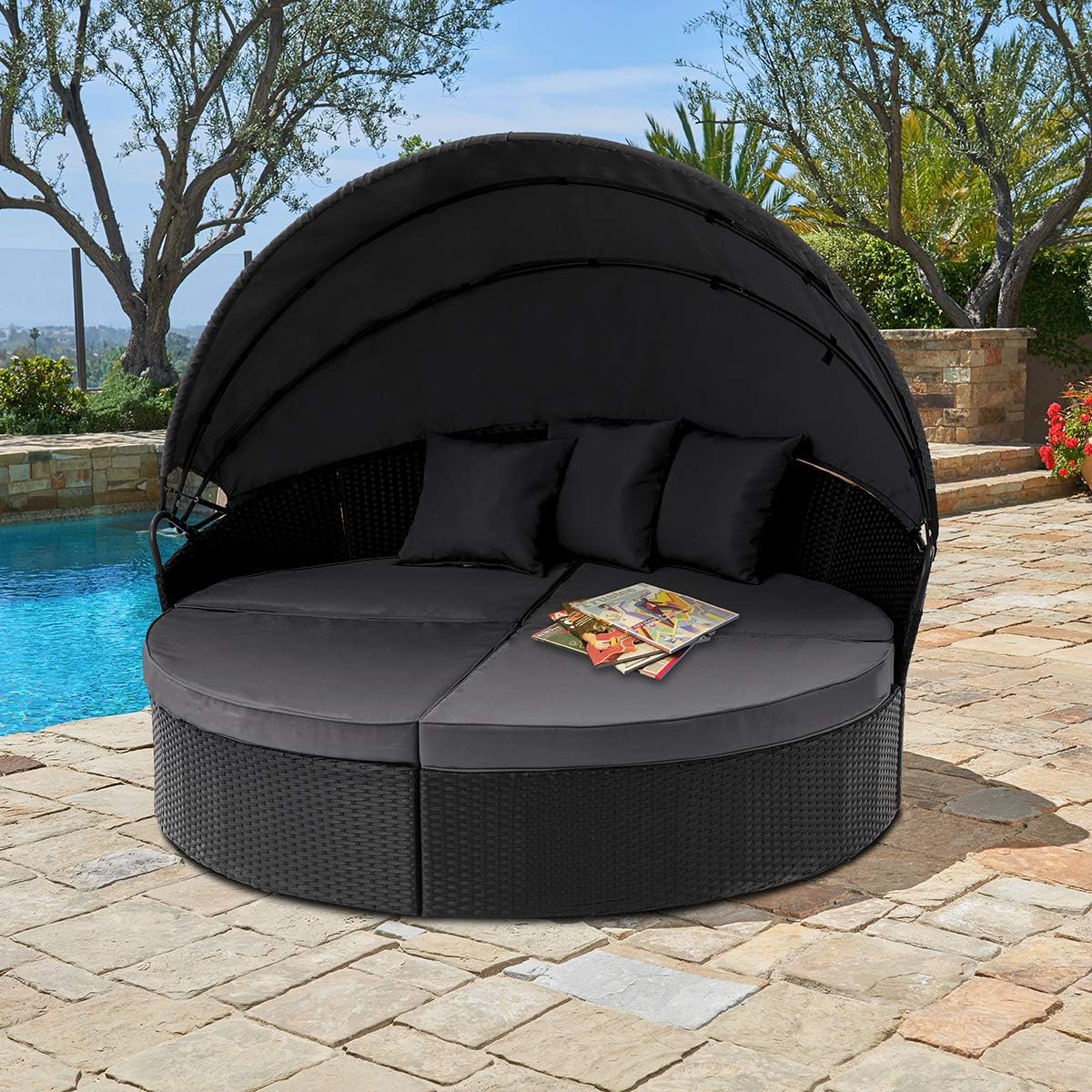 Outdoor Patio Round Daybed with Retractable Canopy Black Wicker Z615247