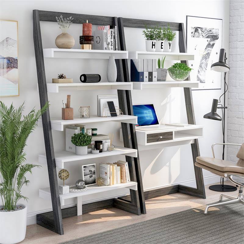 Gray and White Wood Desk and Bookcase Set H514