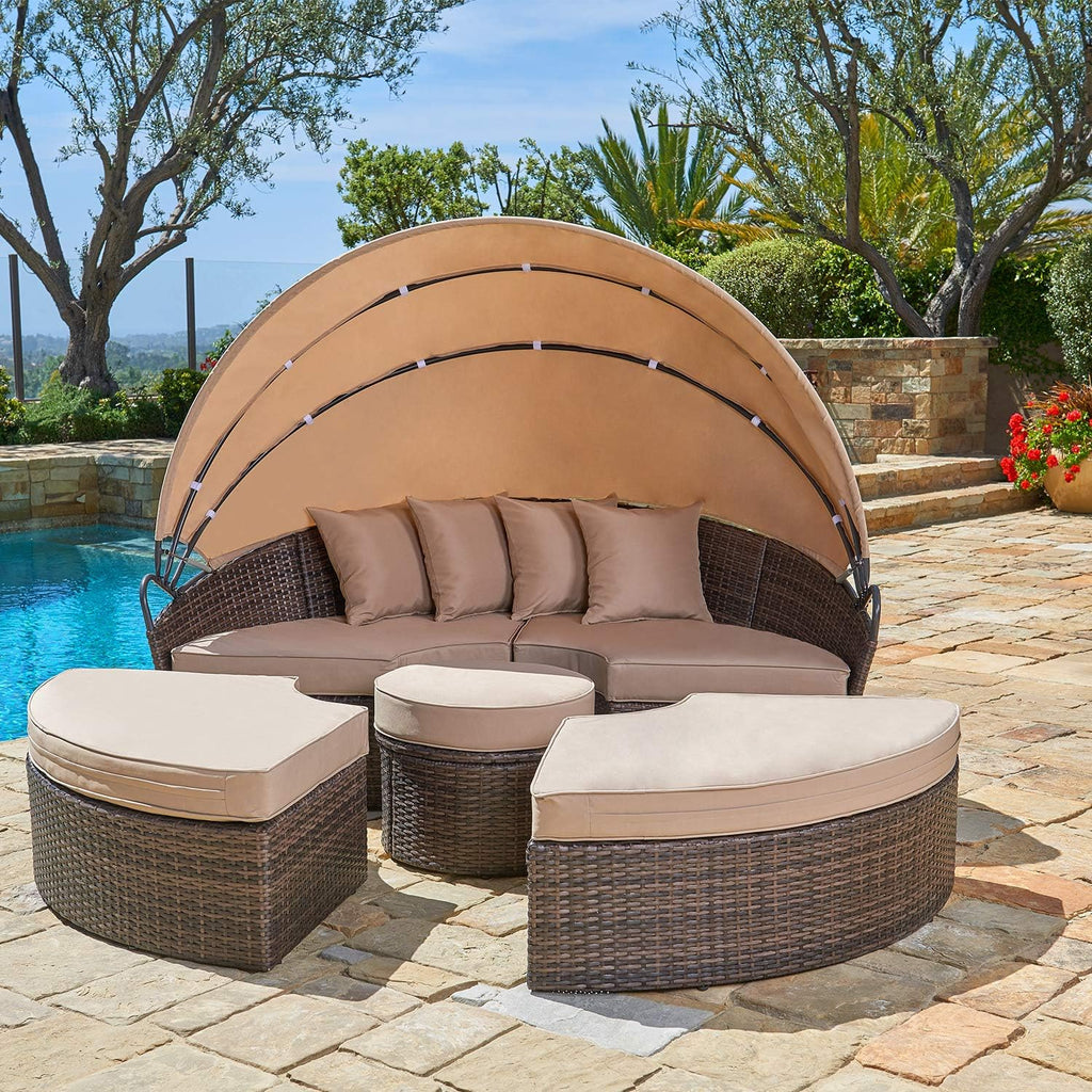Outdoor Patio Round Daybed with Retractable Canopy Black Wicker Z615247