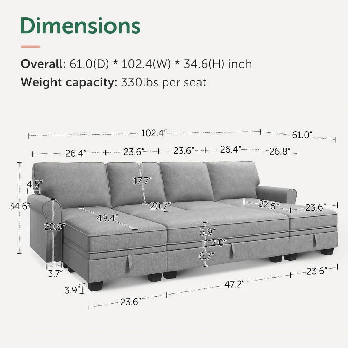 Dark Grey Convertible Sleeper Sectional Sofa with Storage and Chaise G38161