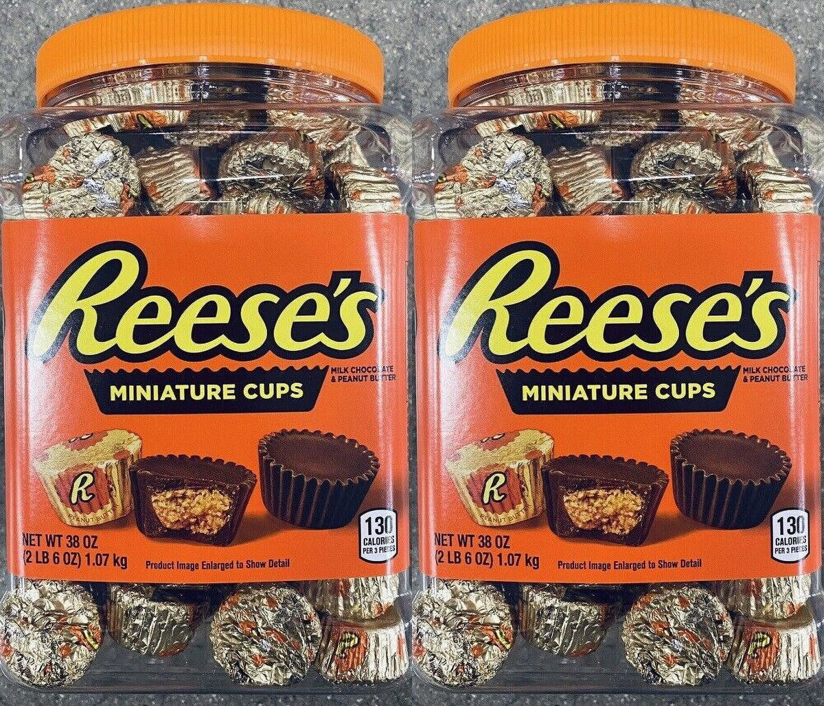 2 Packs Reese's Miniatures Milk Chocolate Peanut Butter Cups 38 Oz Each Tub S5024