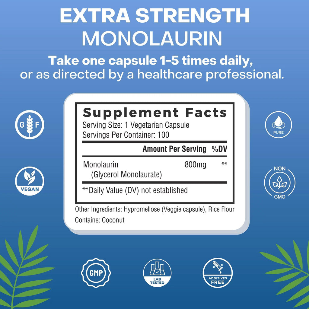 800mg Monolaurin Capsules 100 Count Vegan Non-GMO Gluten Free Supplement O49324