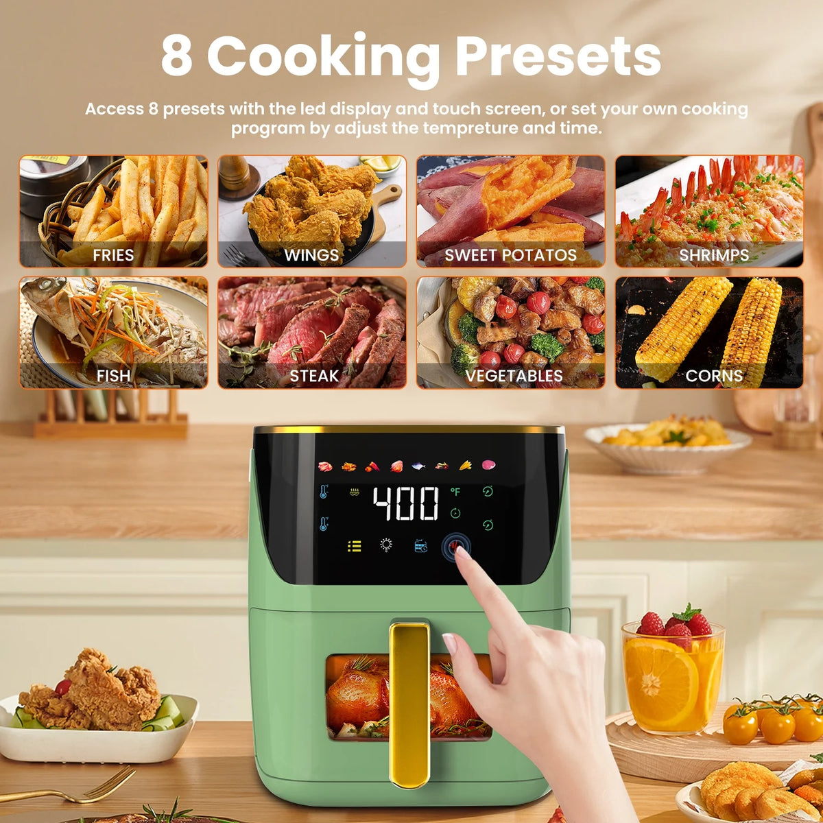 Air Fryer Large 8.5 QT Green 8 in 1 Touch Screen Visible Window 1750W A748