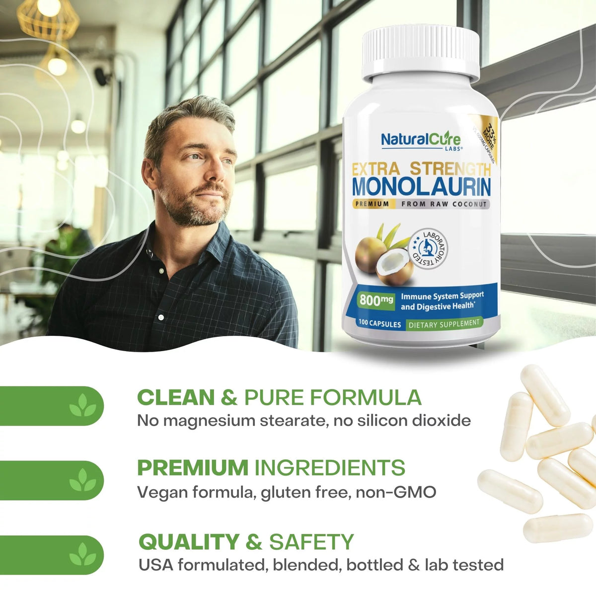 800mg Monolaurin Capsules 100 Count Vegan Non-GMO Gluten Free Supplement O49324