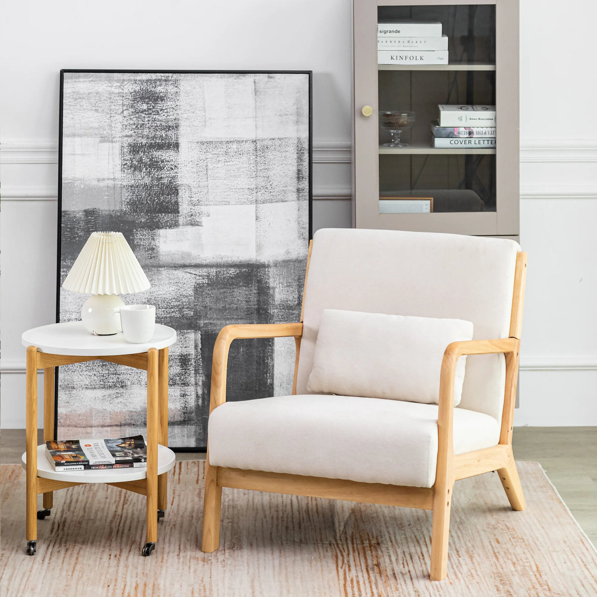 Beige Linen Upholstered Accent Armchair with Solid Wood Frame and Pillow O34885