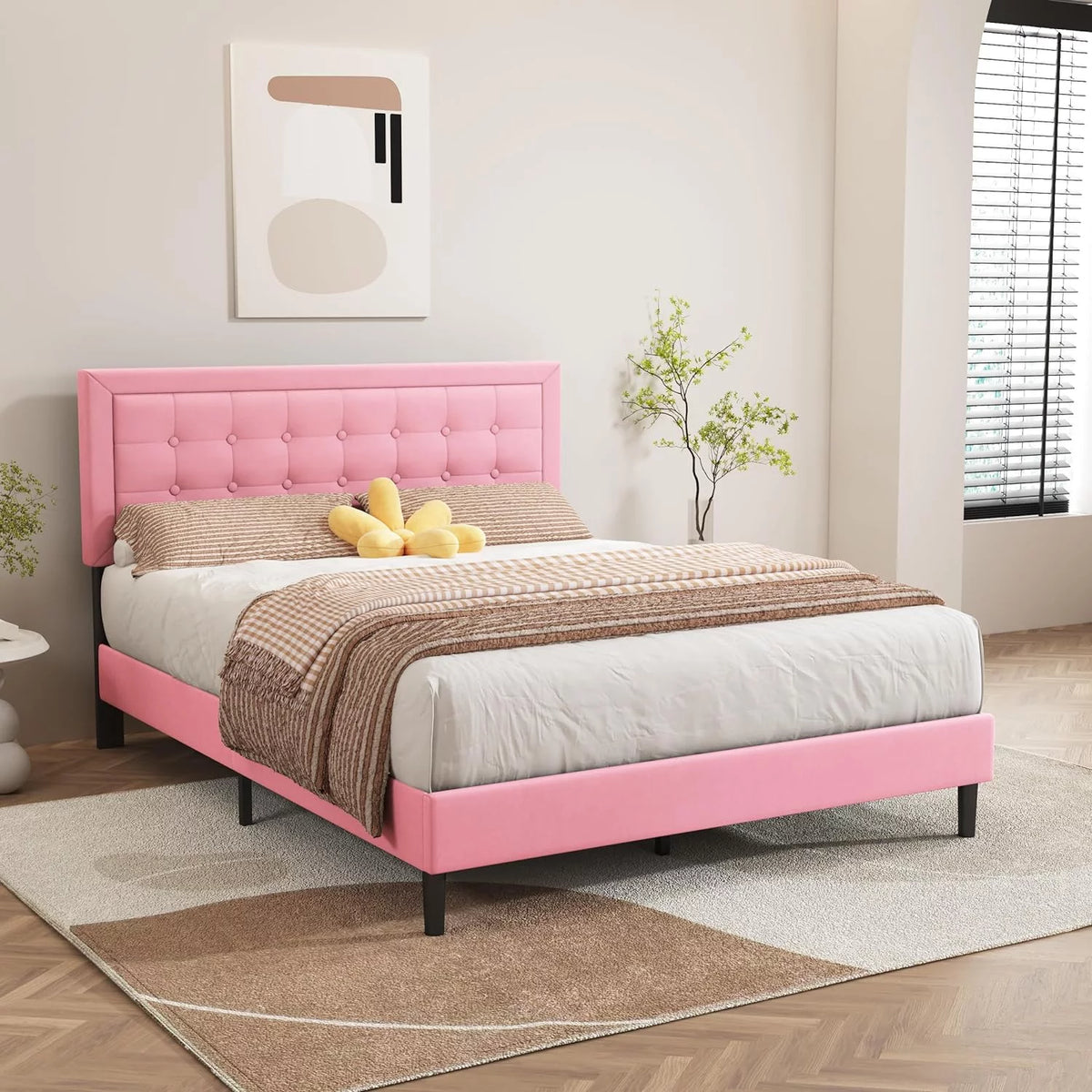 Velvet Upholstered Platform Bed Frame Queen Size with Button Tufting Headboard G89172