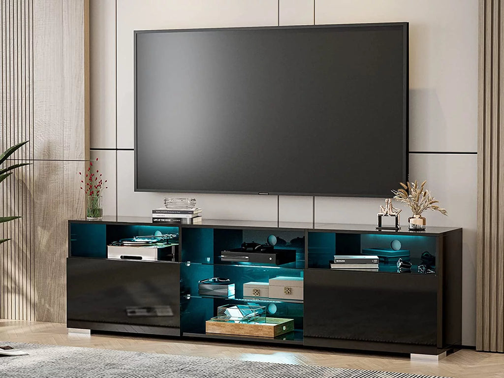 Black LED TV Stand for 75 inch TV with High Glossy Cabinets Q365