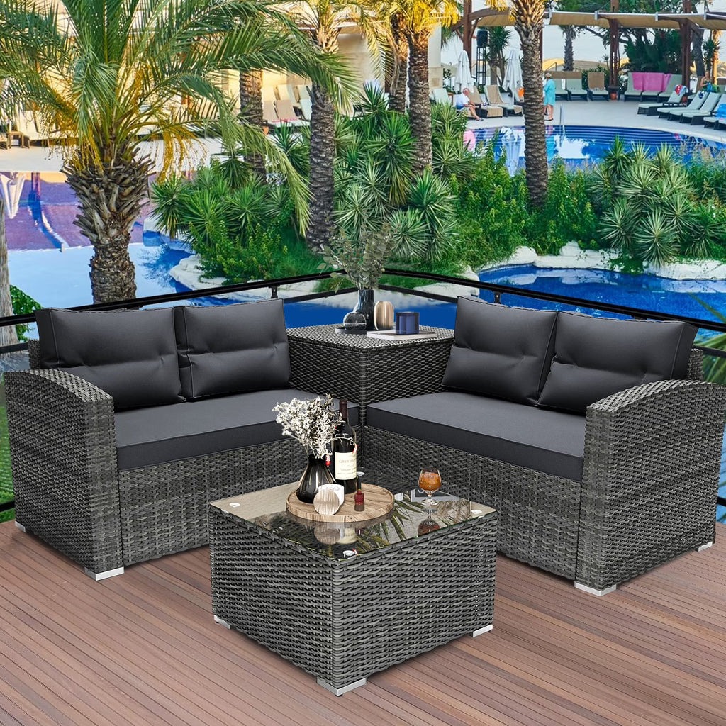 4 Pieces PE Rattan Sectional Sofa Set with Glass Table H63266