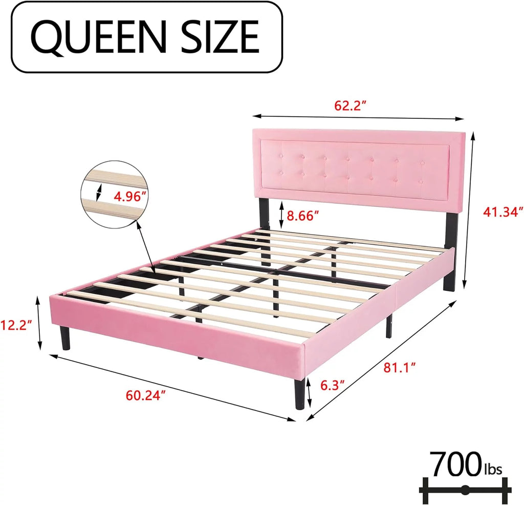 Velvet Upholstered Platform Bed Frame Queen Size with Button Tufting Headboard G89172