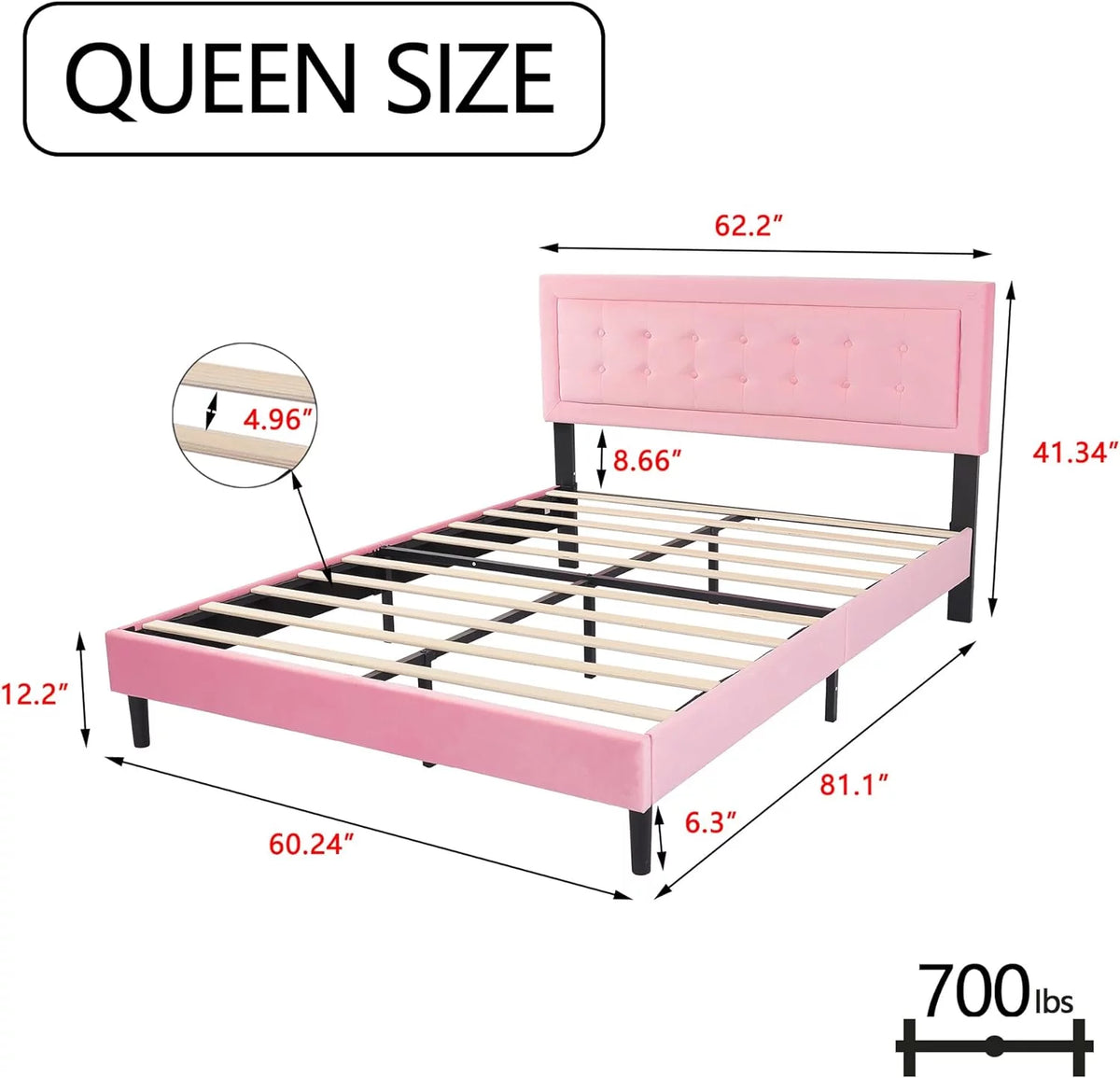Velvet Upholstered Platform Bed Frame Queen Size with Button Tufting Headboard G89172